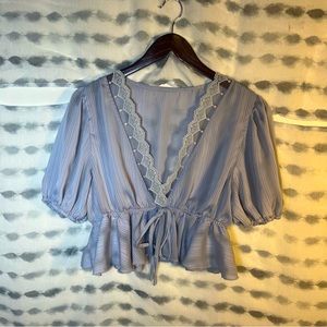 Thin Light blue ruffle blouse with lace adjustable front crop top Small